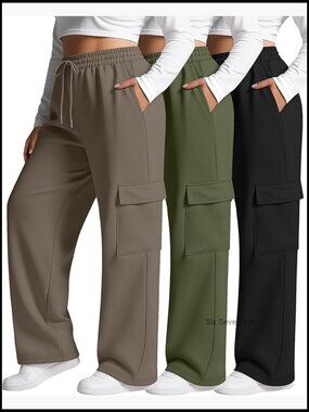 3 Pack Plus Size Cargo Sweatpants Wide Leg Drawstring Baggy Loose Casual
